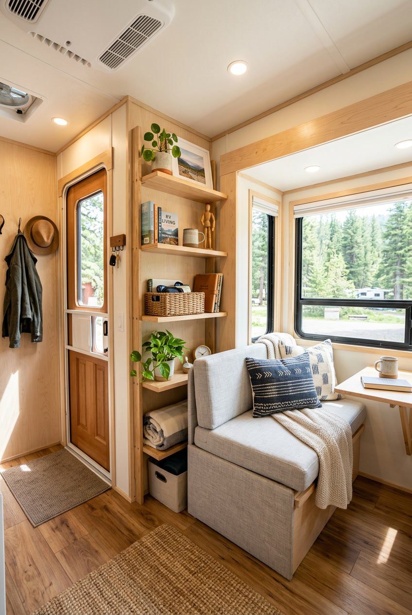 Small camper living room with narrow ladder-style wall shelves by the entry, a cozy seating area, and natural light.