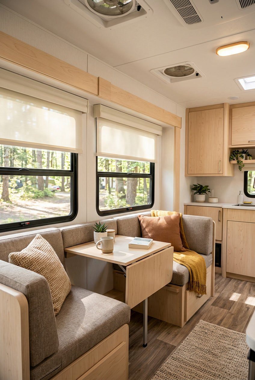 Interior of a small camper living room with windows fitted with roller shades, a compact seating area, and natural light filling the space.