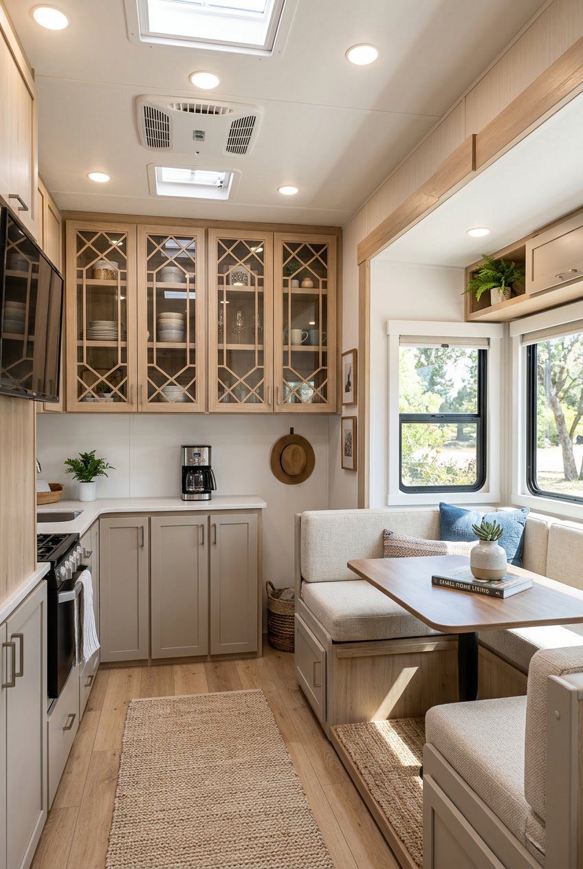 Interior of a small RV living room with glass-front and lattice cabinet doors, comfortable seating, and natural light creating an open and spacious feel.