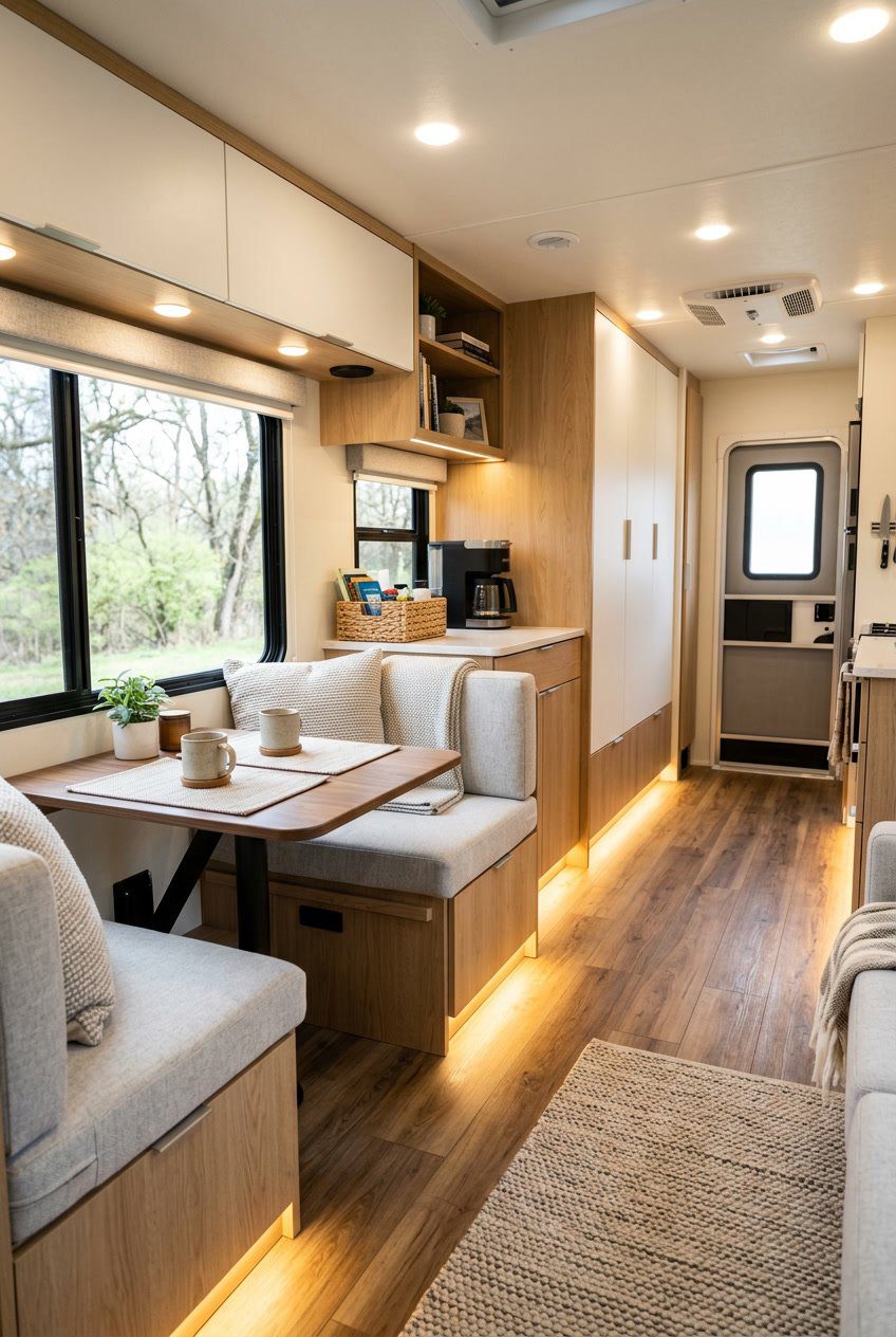 Interior of a small RV living room with cabinets featuring recessed toe-kick lighting that softly illuminates the floor.