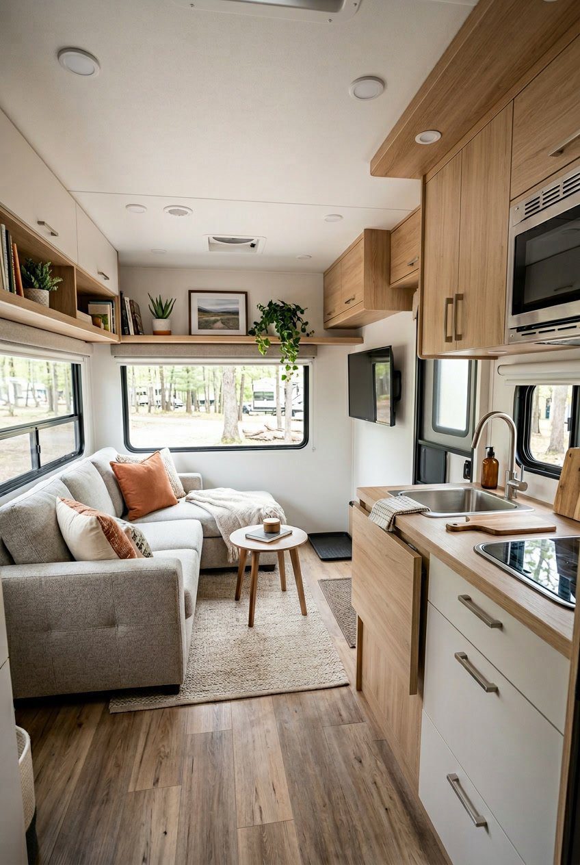 Interior of a small RV living room showing a flip-up countertop extension in the kitchen area that opens up the space with a sofa and storage cabinets nearby.