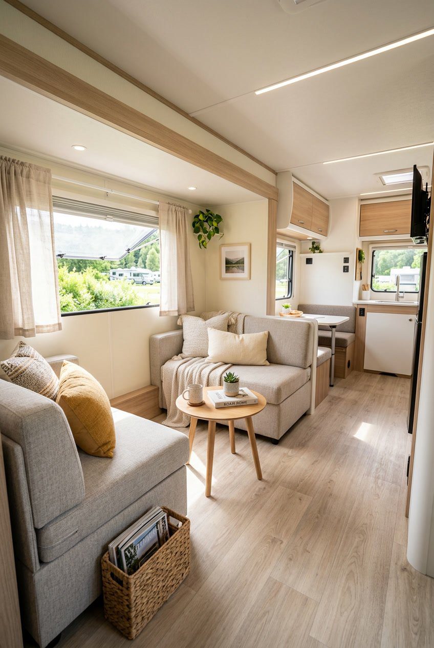 Interior of a small RV living room with light-colored vinyl plank flooring, seating area, and windows letting in natural light.