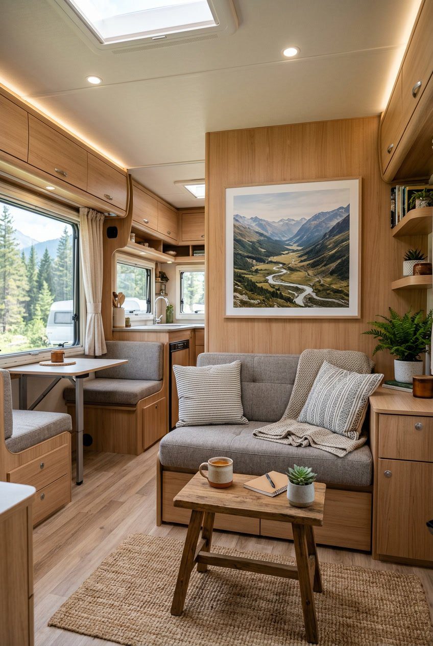 A small RV living room with a large framed print on the wall, a sofa, coffee table, and windows letting in natural light.