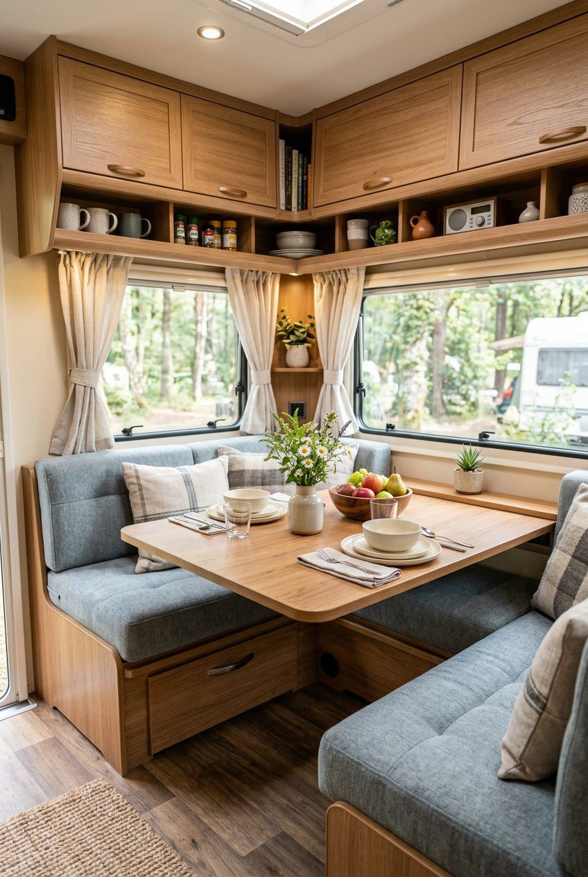 A cozy RV dining nook with a table, cushioned bench seating, storage cabinets, and natural light coming through windows.