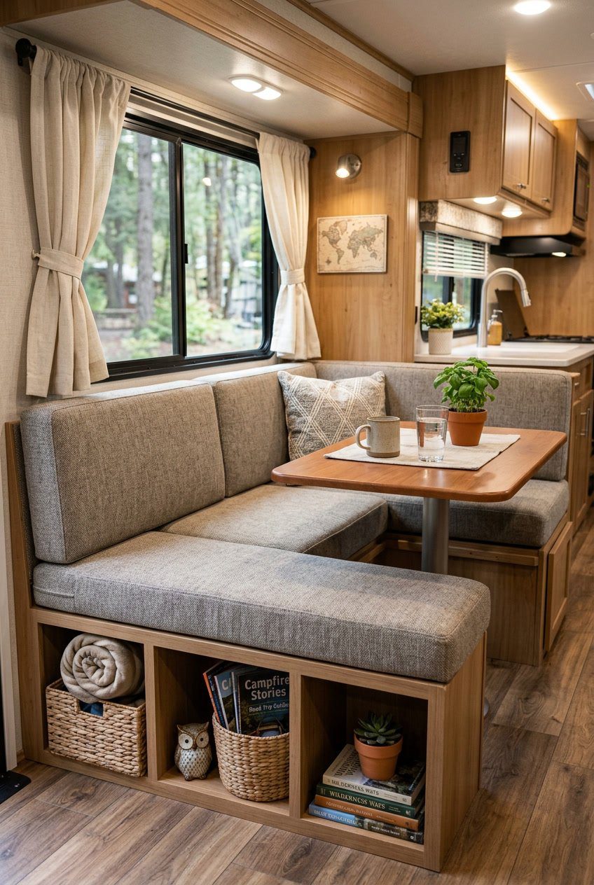 A small RV dining nook with a built-in banquette and cubby storage underneath, featuring a wooden table and natural light from a nearby window.