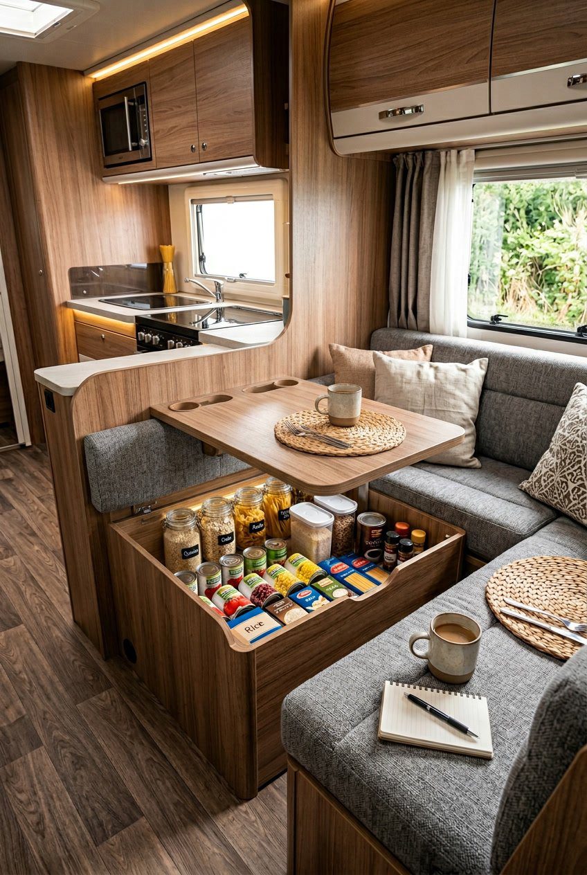 An RV dining nook with a lift-top coffee table open to show pantry storage inside, surrounded by cushioned seating and a small table.