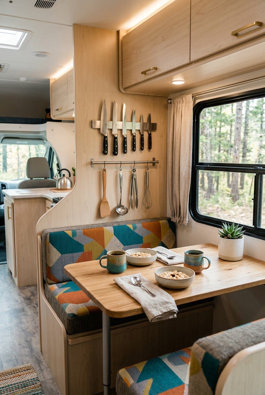 RV dining nook with a wooden table, seating, a magnetic knife strip holding knives, and utensil hooks with hanging cooking tools.