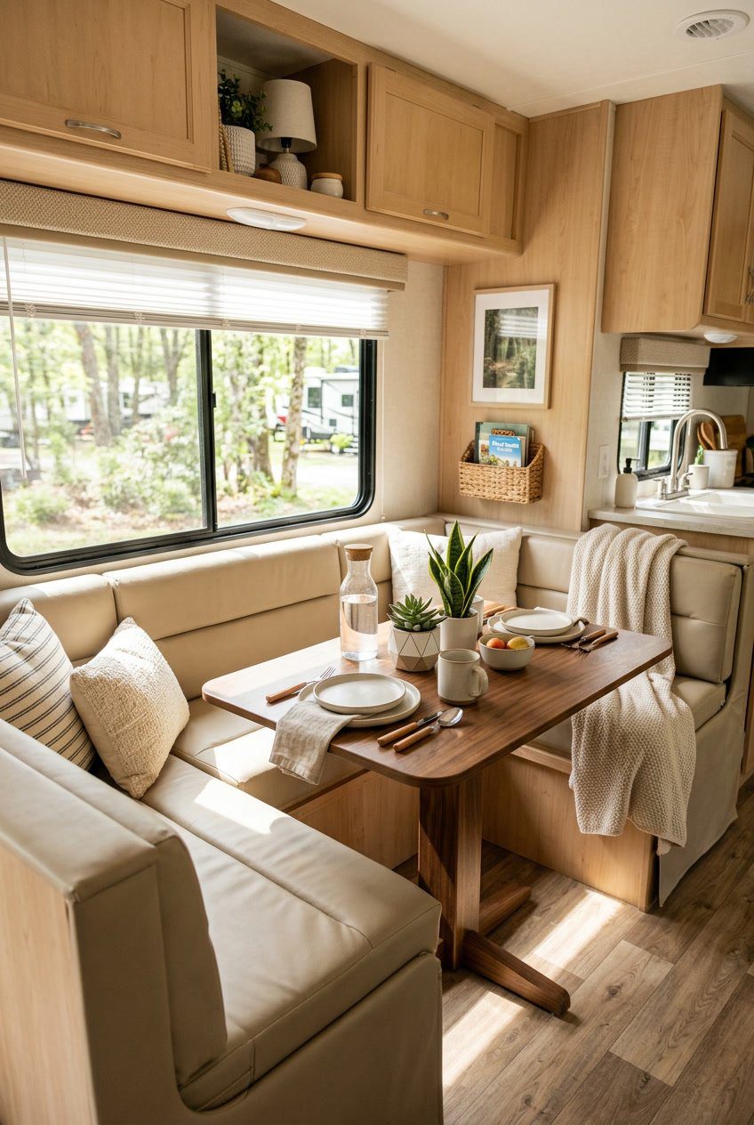 An RV dining nook with cushioned bench seating covered in removable vinyl slipcovers around a wooden table, with sunlight coming through windows.