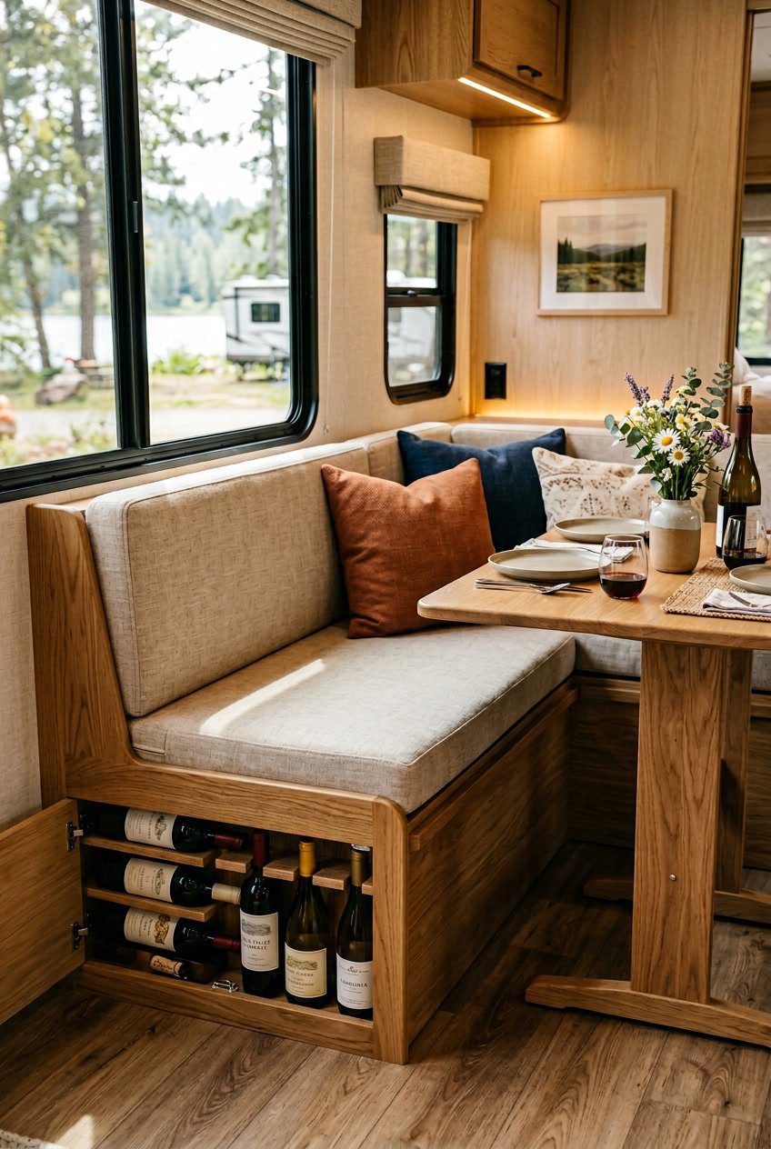 An RV dining nook with a wooden bench featuring a hidden wine rack underneath, a small dining table, and cushions on the bench.