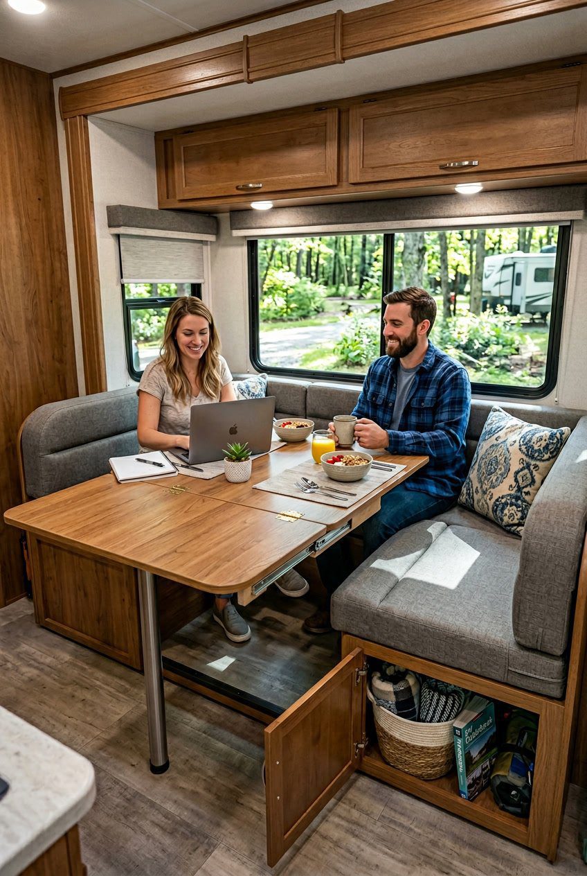 An RV dining nook with a foldable leaf table extension partially open, surrounded by cushioned bench seats and storage compartments.