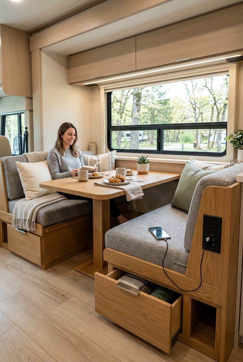 RV dining nook with a bench that has storage compartments and a built-in charging station next to a wooden table and large windows.