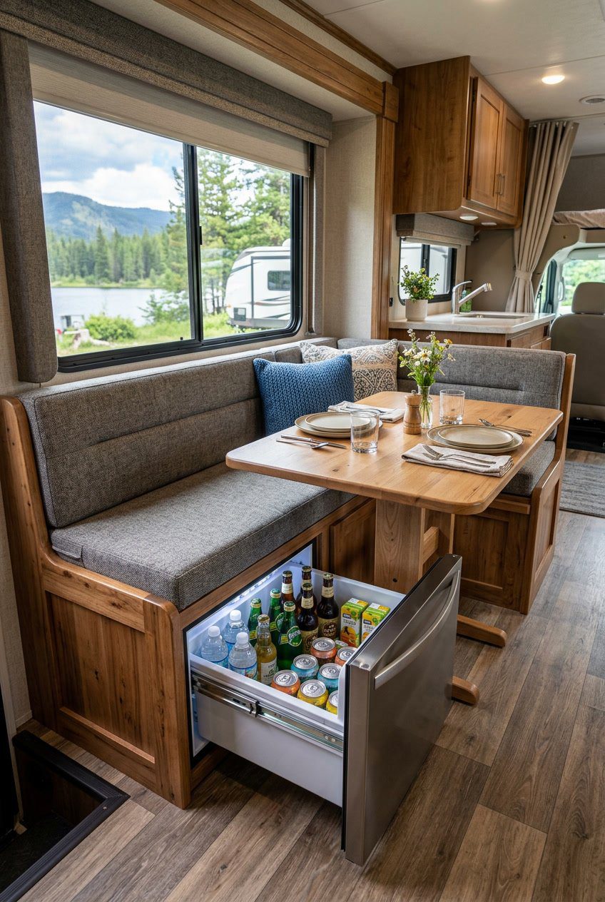 A dining nook inside an RV with a wooden bench that has a cooler drawer open beneath the seat, showing beverages inside.