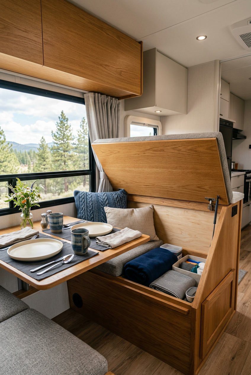 An RV dining nook with a window seat that has an open hinged storage lid, next to a small dining table set for two.