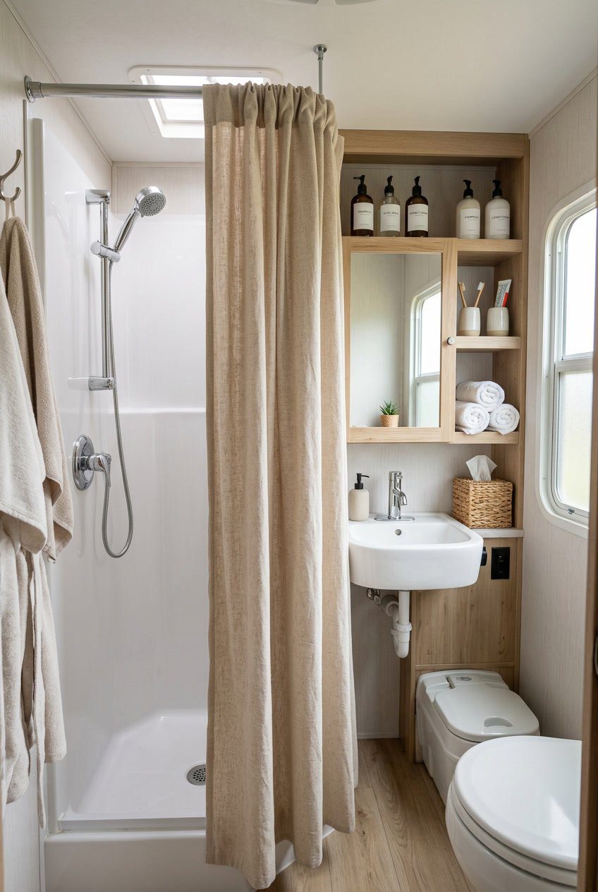 A small RV bathroom with a fabric curtain hanging on a rod, a compact sink, and organized shelves.
