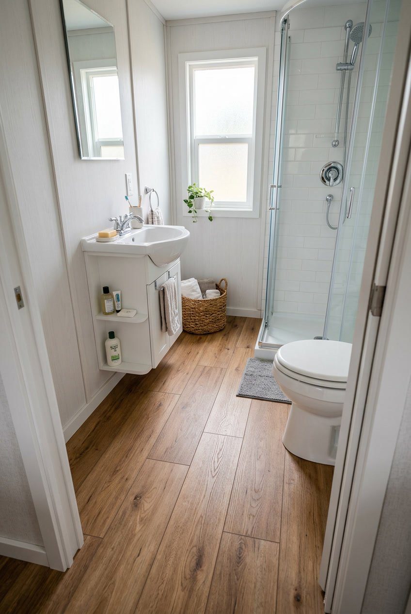 A clean RV bathroom with wood plank vinyl floor tiles, a white sink, mirror, and shower area.