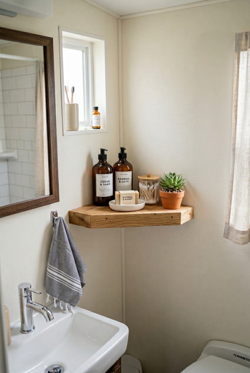 Compact corner wall shelf in a small RV bathroom holding toiletries and a small plant, next to a sink and towel.