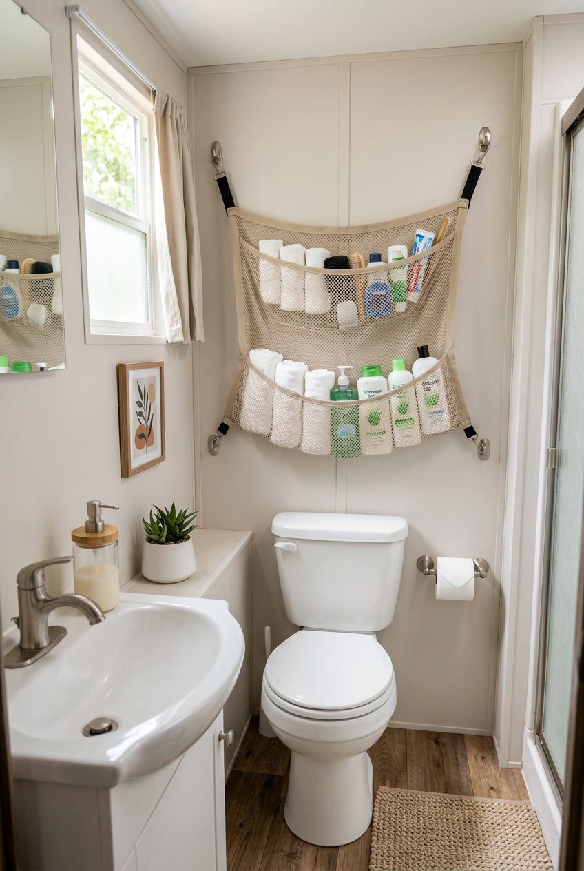 An RV bathroom with an over-the-toilet mesh storage hammock holding toiletries and towels above the toilet.