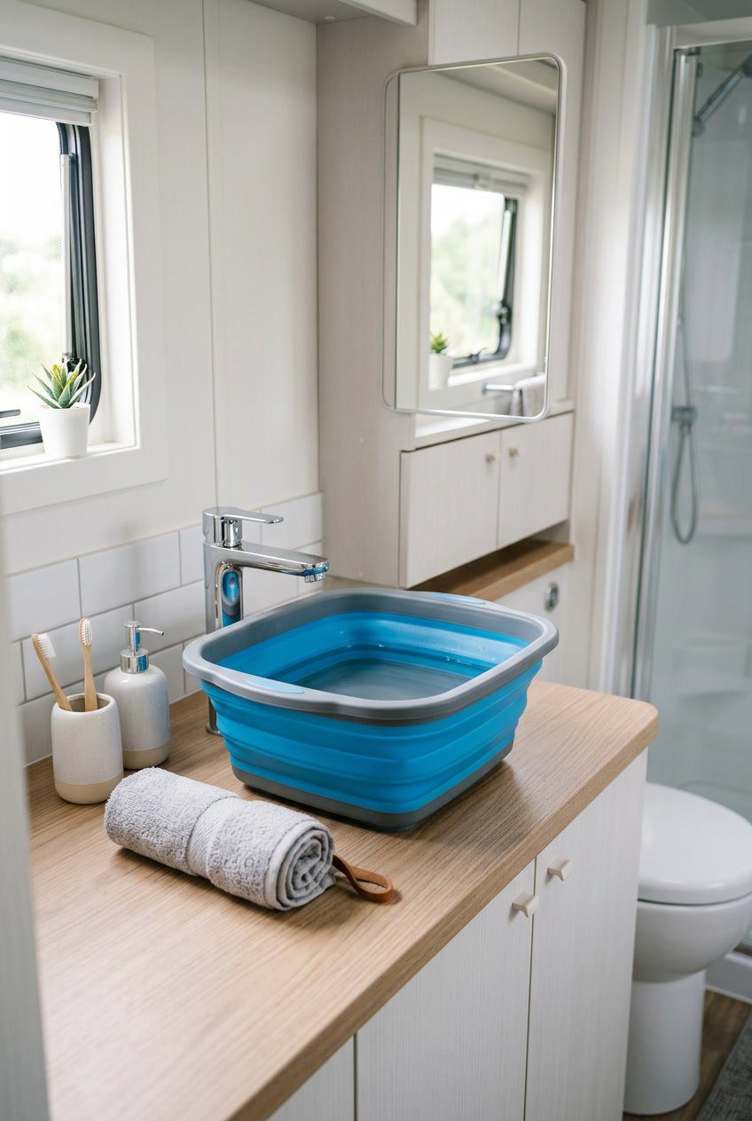 Collapsible silicone sink basin expanded on a countertop in a small RV bathroom with practical decor and accessories.