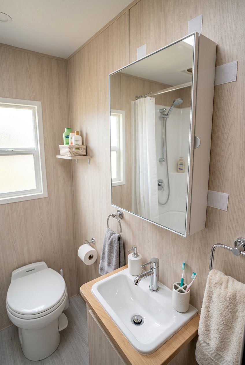 Interior of an RV bathroom with a Velcro-mounted mirrored medicine cabinet above a sink.
