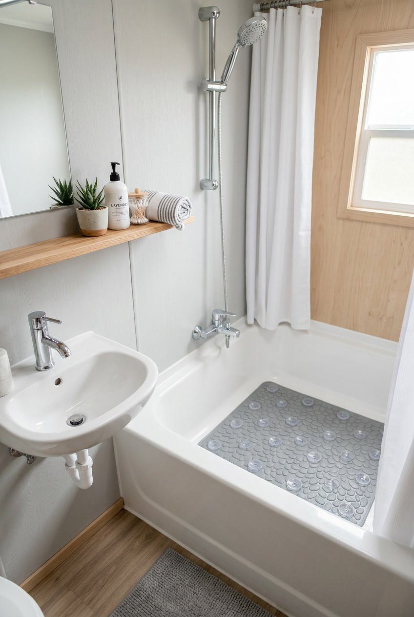 RV bathroom with a removable non-slip bathtub mat inside the bathtub and a small sink nearby.