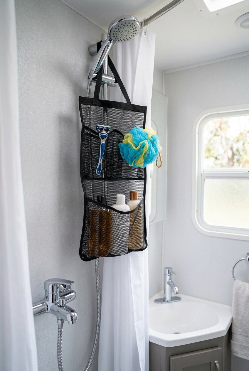 A hanging mesh shower caddy holding a razor and loofah in a small RV bathroom with a sink and window.