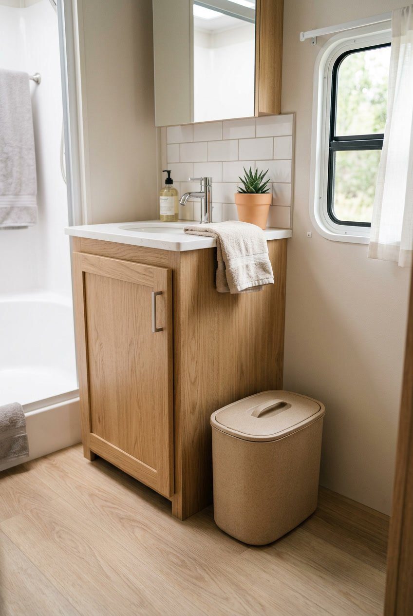 A compact compostable trash bin with lid placed on the floor next to a bathroom vanity inside an RV bathroom.