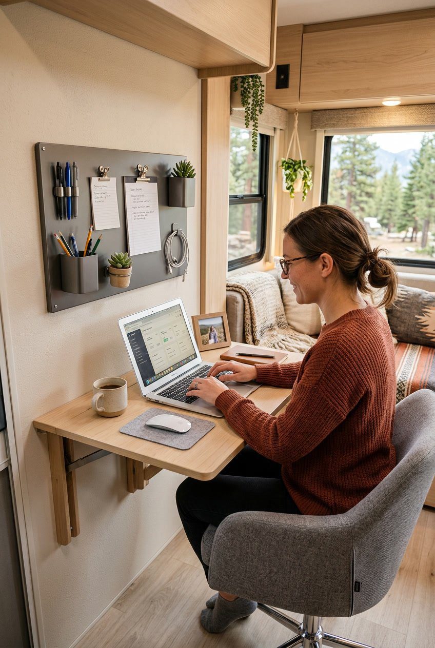 A fold-down wall-mounted desk with a magnetic organizer in a cozy RV office nook, set up for work with office supplies and natural light coming through a window.