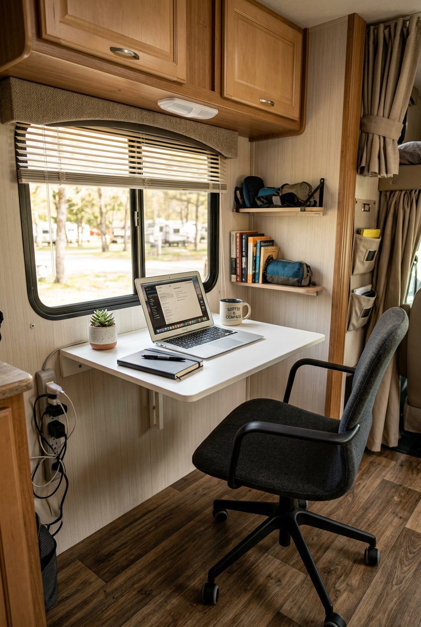 Compact RV office nook with a wall-mounted drop-leaf table set up with a laptop, chair, and small plant near a window.