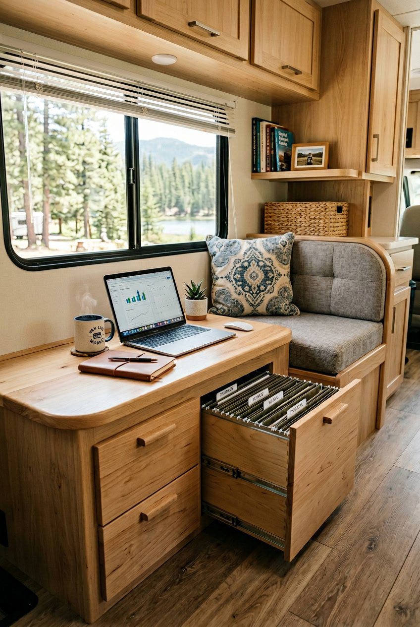 An RV office nook with a built-in bench featuring hidden file drawers, a laptop, and office supplies inside a compact, well-lit space.