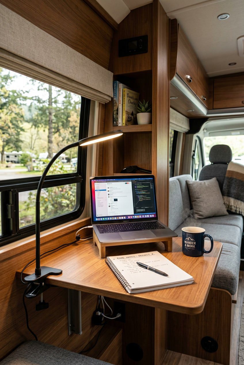 An RV office nook with a clamp-on LED gooseneck lamp illuminating a desk with a laptop and notebook.