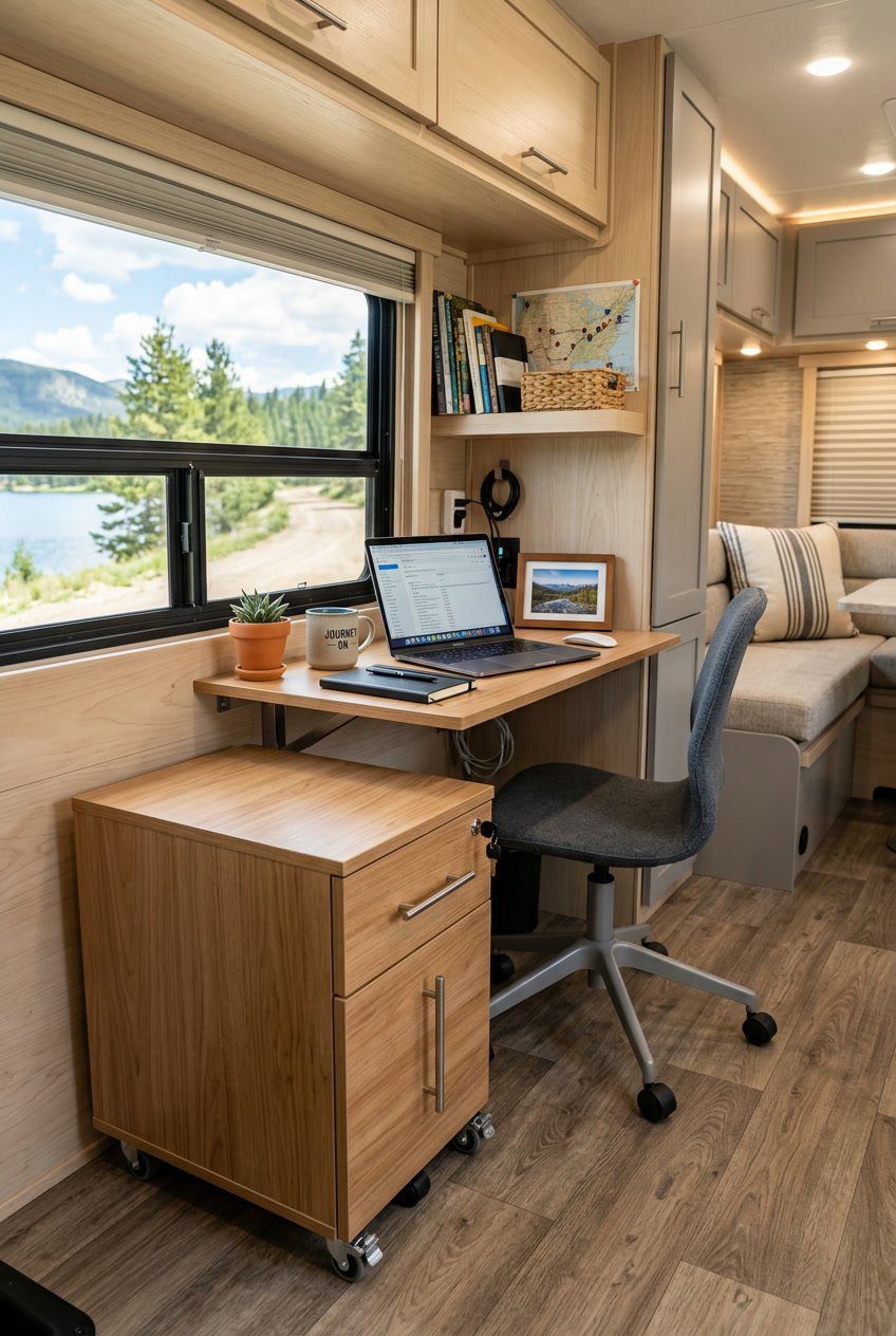An organized office nook inside an RV with a rolling mobile pedestal next to a desk holding a laptop and a plant.