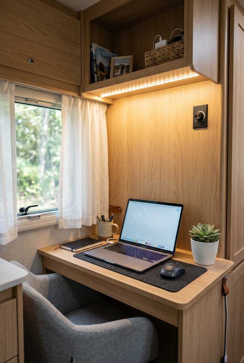 A small RV office nook with a wooden desk, laptop, and under-cabinet LED strip lighting softly illuminating the workspace.