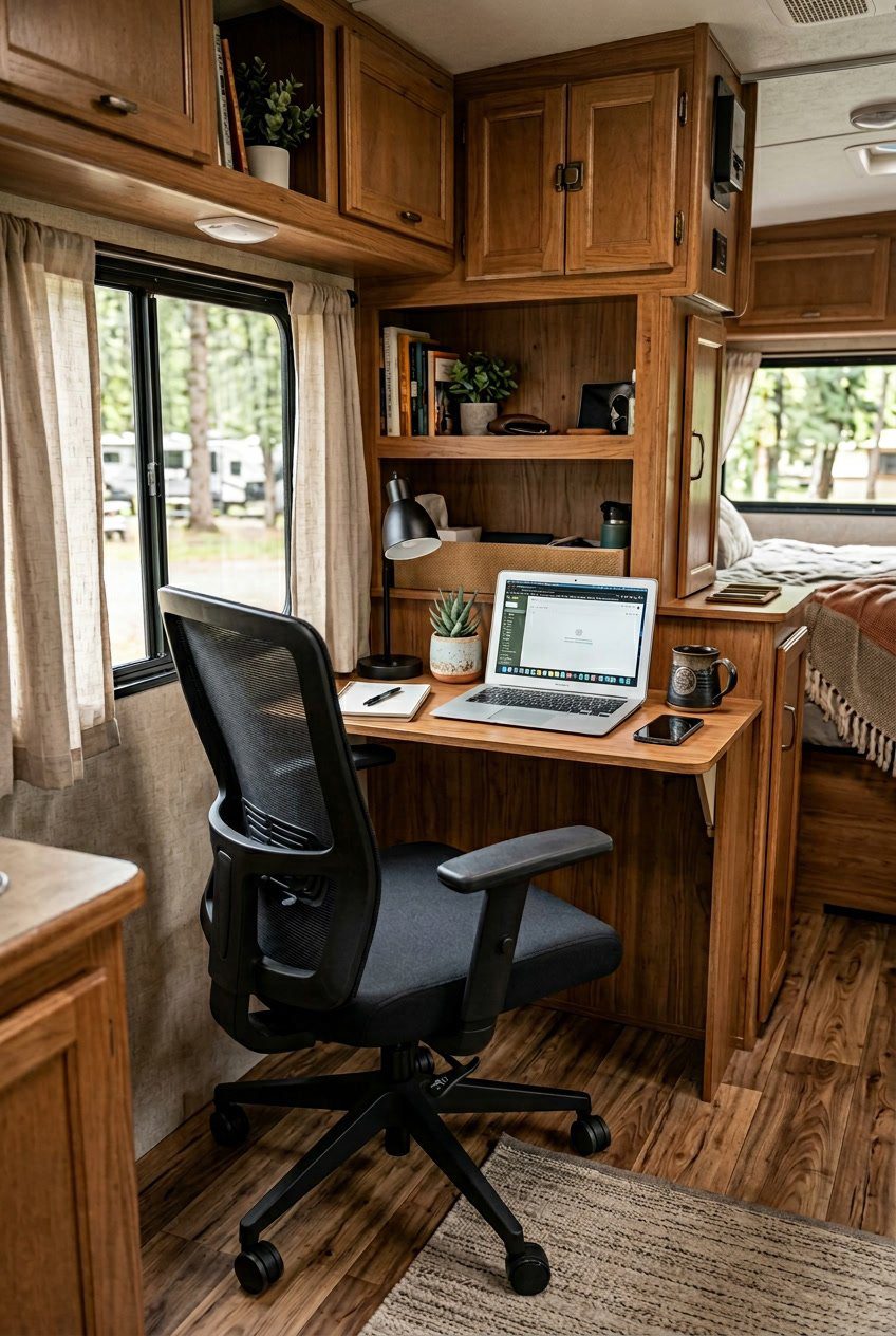 An ergonomic office chair with a low-profile base in a compact RV workspace featuring a desk, laptop, and natural light coming through a window.