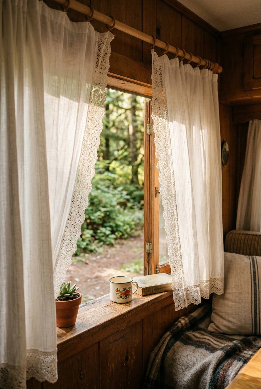Close-up of lace-trimmed curtains hanging inside a camper with natural light coming through the window.