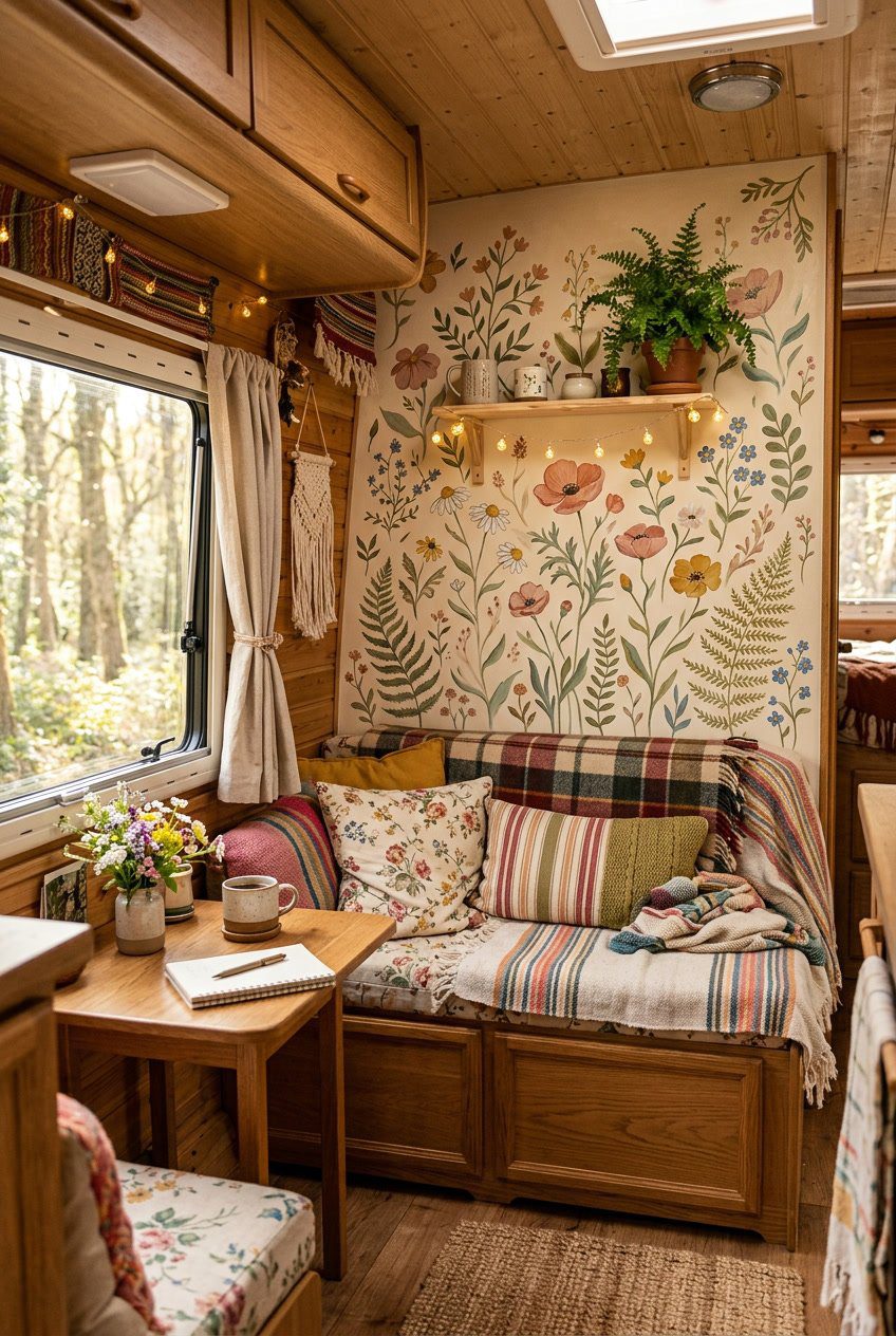 Interior of a camper with a floral wall mural, wooden accents, cushions, and natural light coming through a window.