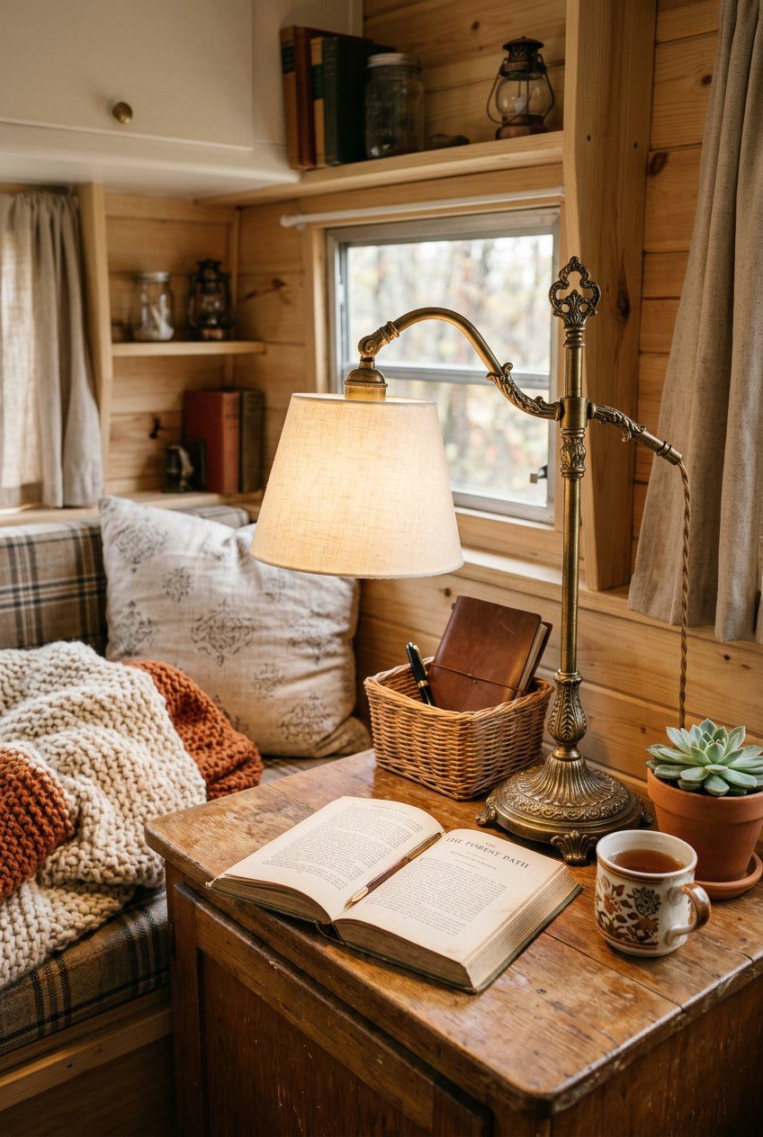 An antique brass reading lamp glowing on a wooden table next to an open book inside a camper.