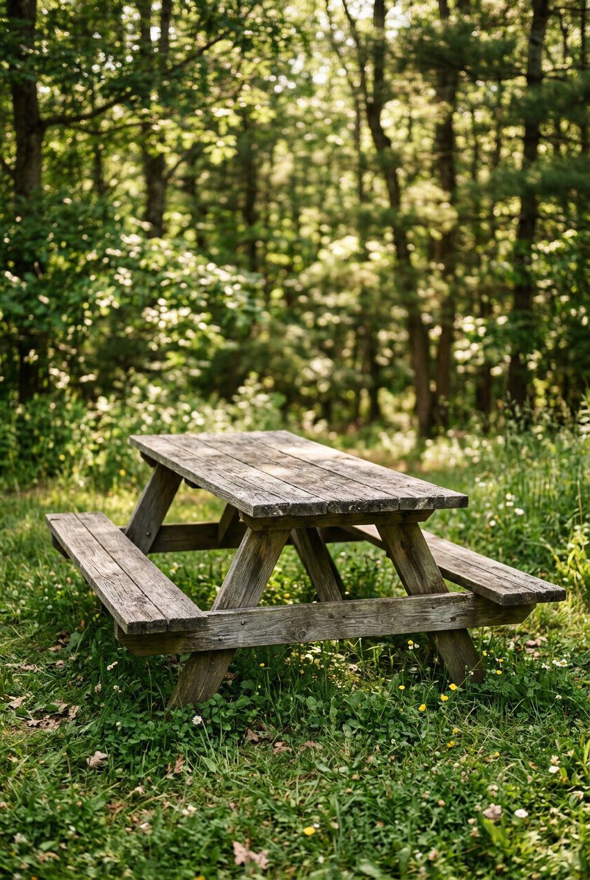 A weathered cedar picnic table outdoors surrounded by grass and trees in soft sunlight.