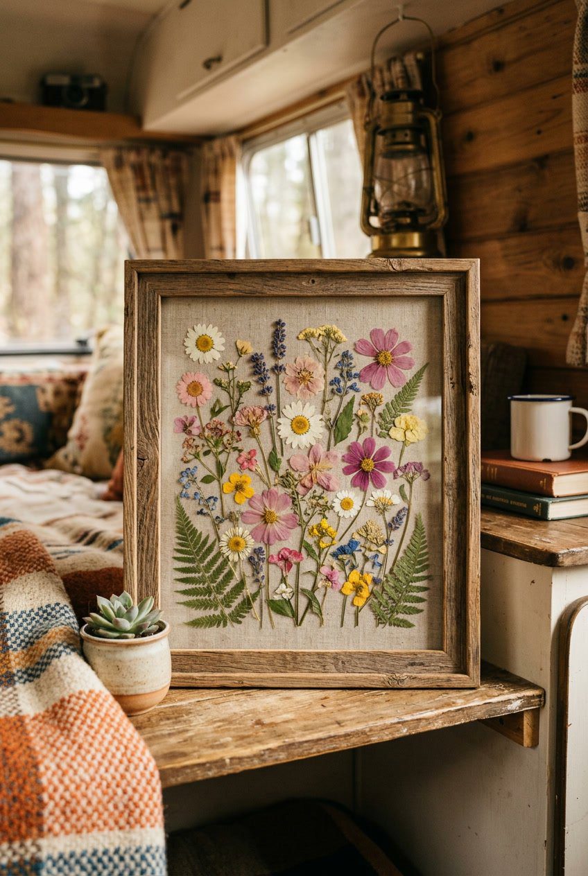 A glass frame containing colorful pressed flowers with a wooden border, displayed on a surface with a cozy interior background.