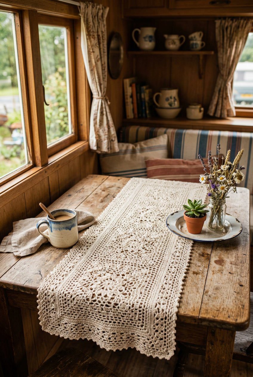 A crocheted doily table runner on a wooden table inside a camper with plants and vintage ceramics nearby.