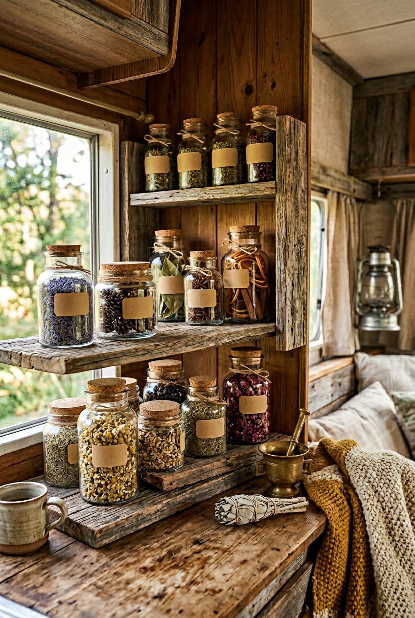 A collection of glass apothecary jars filled with dried herbs and natural items on wooden shelves inside a cozy camper.