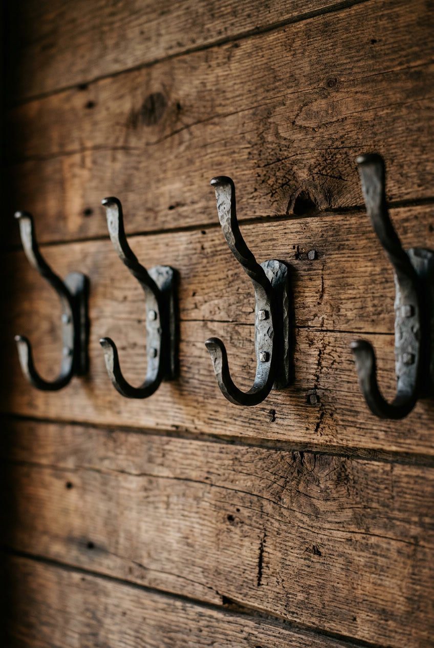 Close-up of hand-forged iron coat hooks attached to a wooden wall.