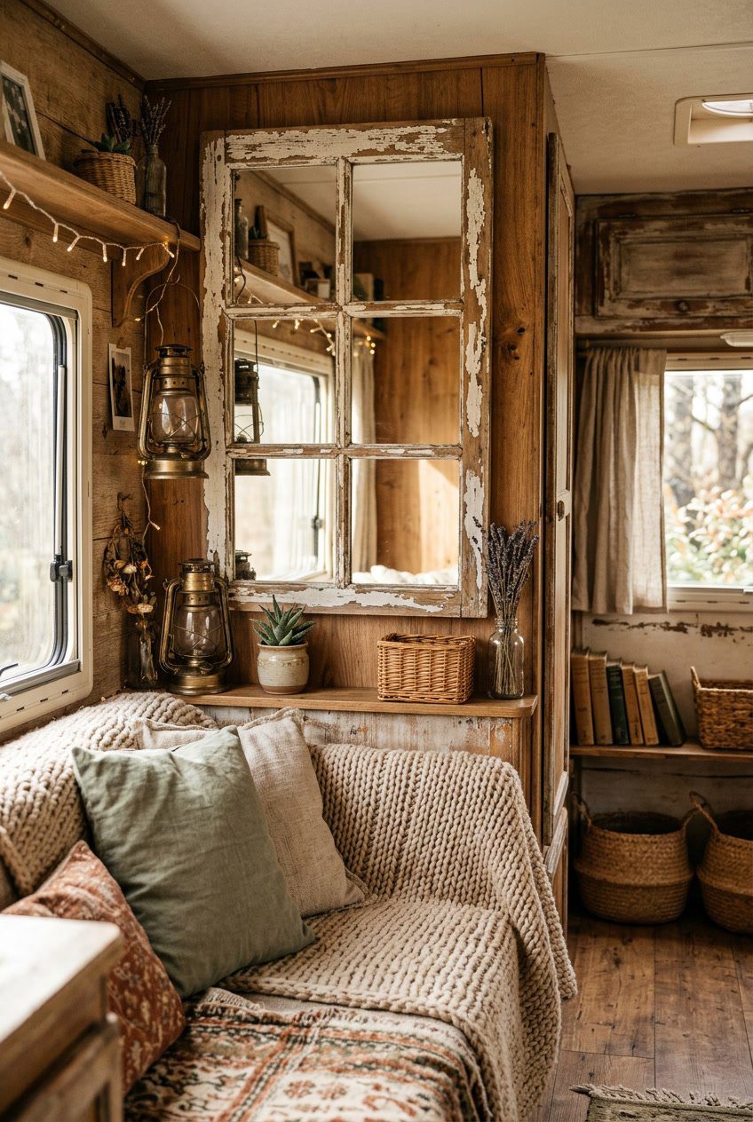 A cozy camper interior featuring a distressed wooden framed mirror surrounded by rustic decor and soft textiles.