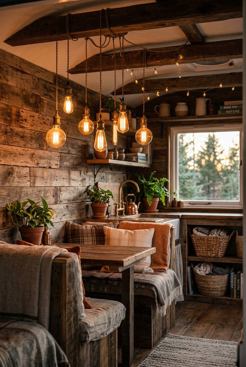 Interior of a camper with warm glowing Edison bulbs hanging from the ceiling, wooden beams, and rustic furniture.