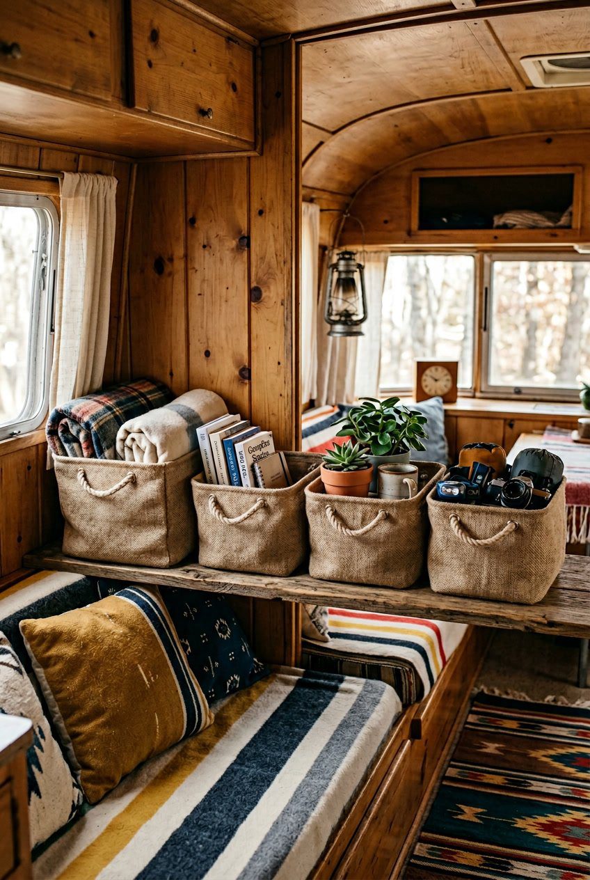Neatly arranged burlap storage baskets inside a camper with wooden walls and soft natural light.