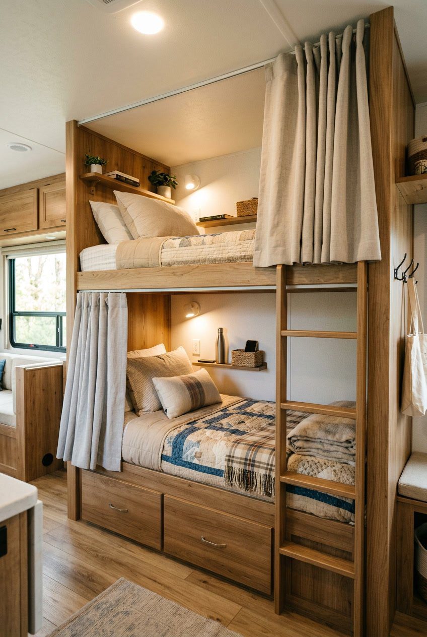 Interior of an RV showing two bunk beds with curtains for privacy and cozy bedding in a compact, well-lit space.