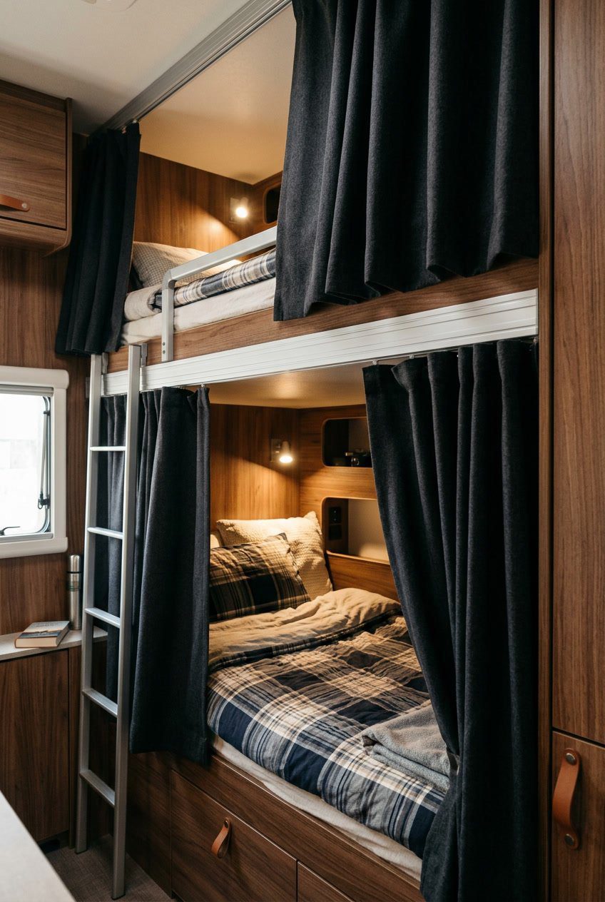 Interior of an RV showing bunk beds with blackout curtains on curtain tracks providing privacy in a shared sleeping space.