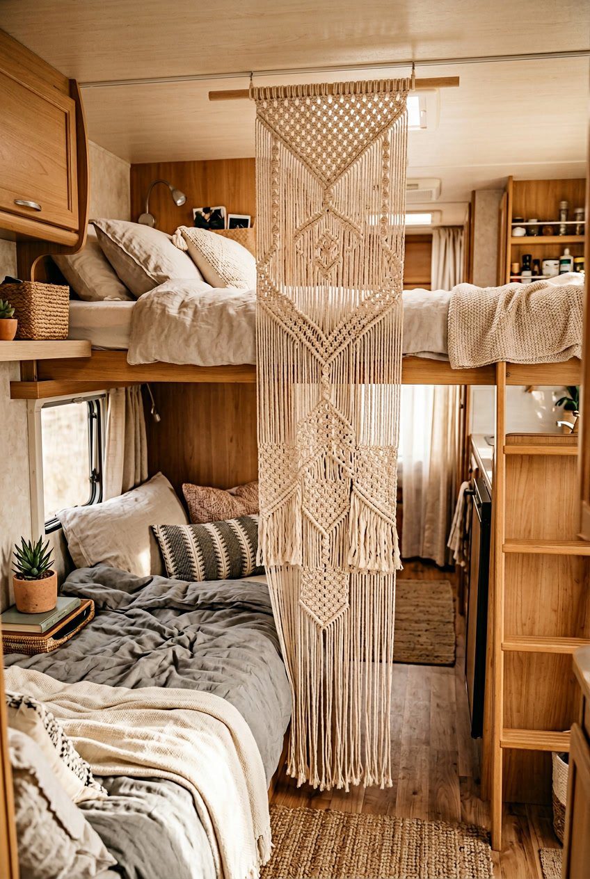 Interior of an RV showing bunk beds separated by a hanging macramé room divider.