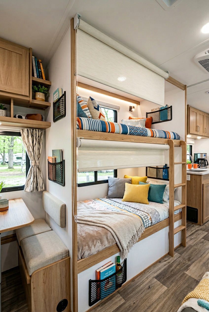 Interior of an RV showing a bunk bed area separated by partially drawn retractable roller shades for privacy.