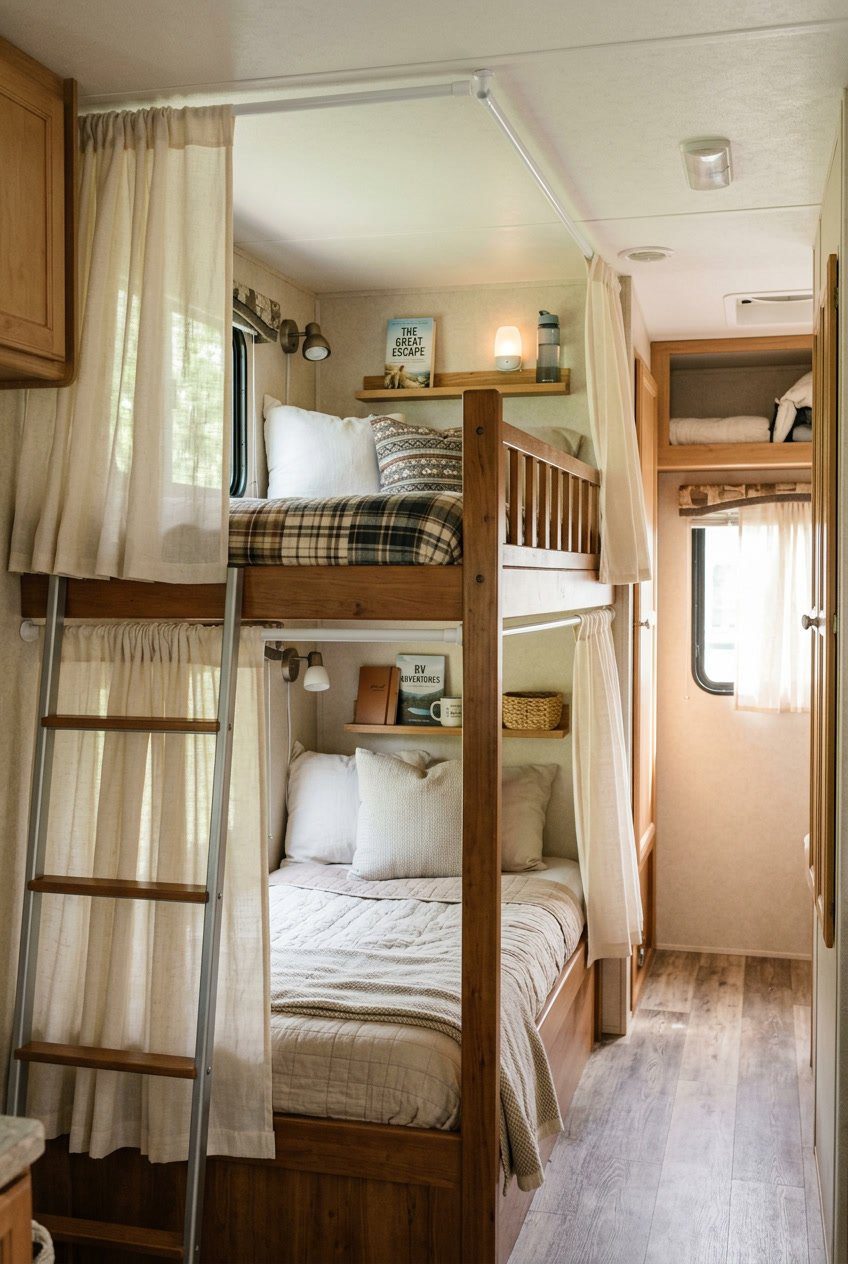 An RV bunk bed area separated by light curtains hanging from tension rods, creating private sleeping spaces.
