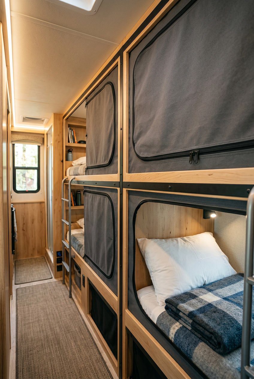 Interior of an RV bunk bed area with zip-together fabric privacy panels separating each bed.